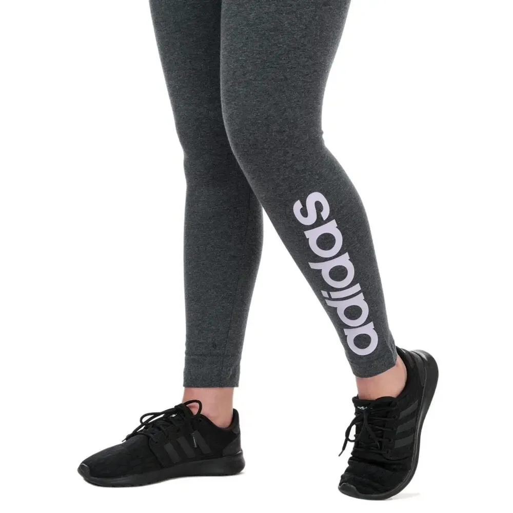 Adidas Essentials Linear Legging Heather Charcoal Gray Lavender Logo FM6689